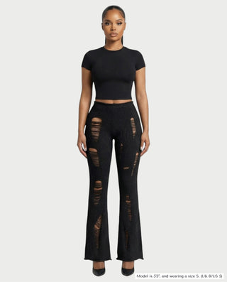 ALOMA Ripped Ribbed Knit Flared Pants