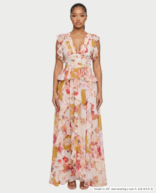 LUVIANA Floral Ruffle Deep V-Neck Flowy Maxi Dress