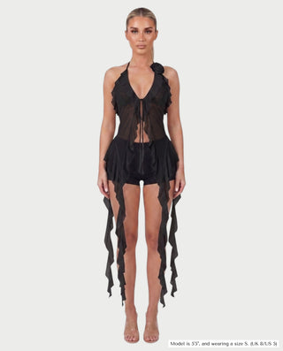 THELMA Sheer Halter Tie-Front Ruffle Top