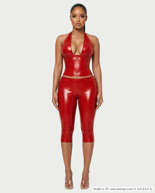 ALVIDA Faux Leather Plunge Halter Top & Capri Pants Set