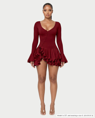 NADIA V-Neck Asymmetric Long Sleeve Ruffle Mini Dress