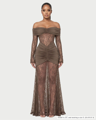 MORLA Off Shoulder Floral Lace Ruched Maxi Dress