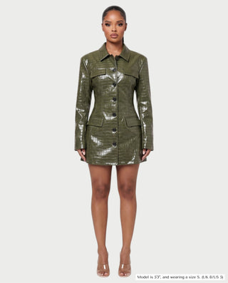 MIRLANA Croc-Embossed Collared Long Sleeve Mini Dress