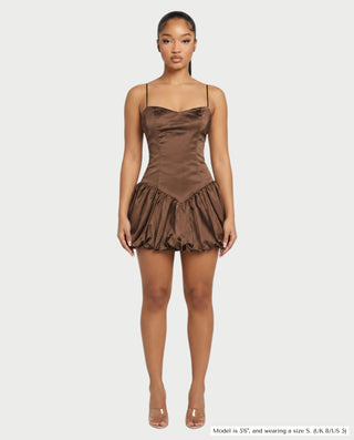 ADRIELA Satin Spaghetti Strap Drop Waist Bubble Mini Dress