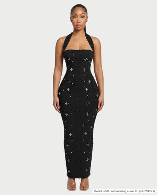 SHIVINA Beaded Halter Open-Back Bodycon Maxi Dress