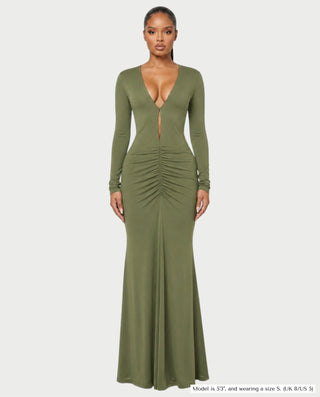 MINEA Plunge Cutout Long-Sleeve Ruched Bodycon Maxi Dress