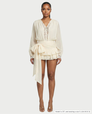 LORIELLE Sheer Lace-Trim V-Neck Chiffon Mini Dress