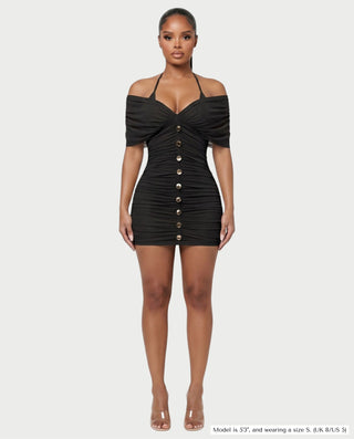 VANE Halter Neck Off-Shoulder Ruched Bodycon Mini Dress