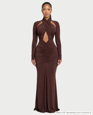 AVILINA Cross-Halter Ruched Bodycon Maxi Dress
