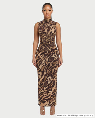 VENESIA Leopard Print Lace-Up Corset Maxi Dress