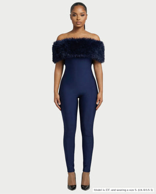 TRINA Off-Shoulder Faux Fur Trim Jumpsuit