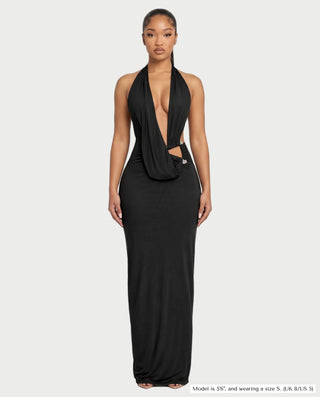 MARYLIN Draped Halter Deep V Side Cutout Maxi Dress
