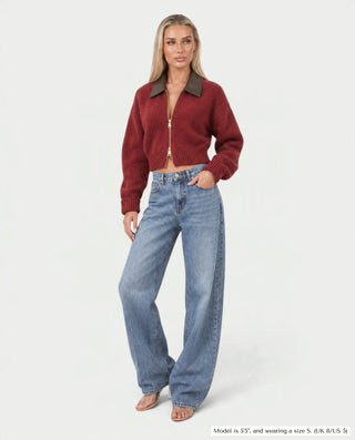 HAYURI Faux Leather Collar Zip-Up Knit Cardigan