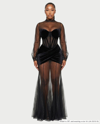 AMINA Mesh Corset Ruched Maxi Dress