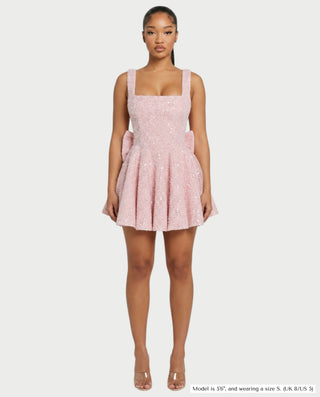 ASHE Sequin Square Neck Pleated Flare Mini Dress