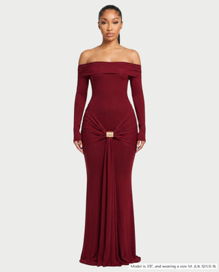 EMILIANA Bardot Long-Sleeve Draped Buckle Maxi Dress