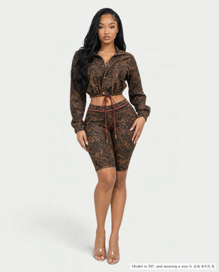 MARIGOLD Retro Leopard Print Cropped Jacket & Fitted Shorts Set