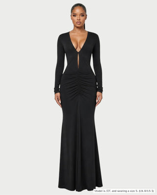 MINEA Plunge Cutout Long-Sleeve Ruched Bodycon Maxi Dress
