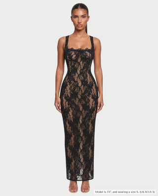 NARYAN Sheer Floral Lace Square-Neck Tank Bodycon Maxi Dress