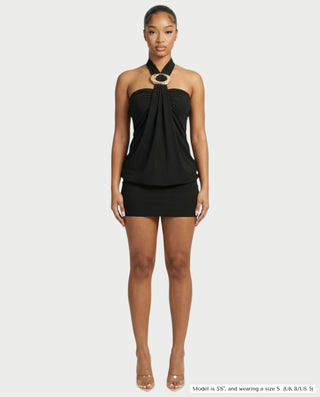 EVIANA O-Ring Halter Draped Bodycon Mini Dress
