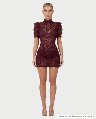 ODETTE Mock Neck Sheer Lace Bodycon Mini Dress