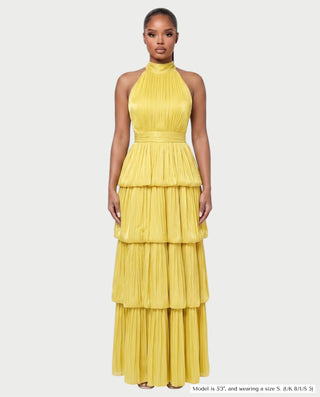 JOSSINA Pleated Halter Tiered Bubble Maxi Dress