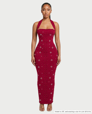 SHIVINA Beaded Halter Open-Back Bodycon Maxi Dress