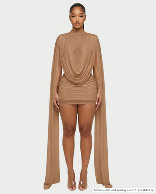 WAYONA High-Neck Mesh Draped Mini Dress