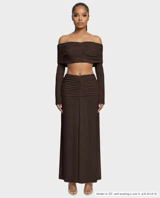 QUENA Off-Shoulder Ruched Crop Top & Maxi Skirt Set