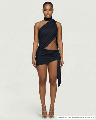 Vestido mini drapeado con escote halter y aberturas ZOLYN