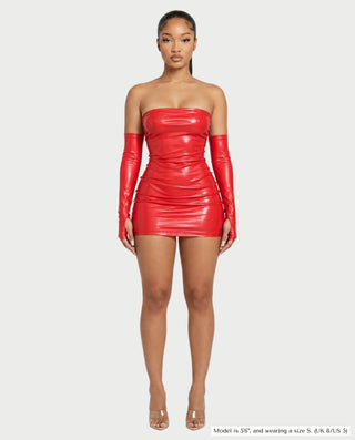 LORMINA Faux Leather Bodycon Mini Dress with Long Gloves