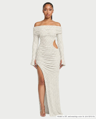 ADARNA Off-Shoulder Long Sleeve Cutout Textured Bodycon Maxi Dress
