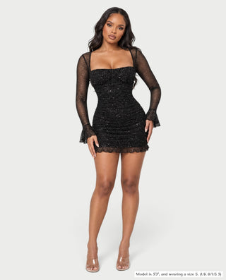 HARAYA Glitter Mesh Long Sleeve Open Back Mini Dress