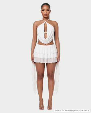 MARVILA Halter Drape Top & Sheer Ruffle Mini Skirt Set