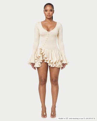 NADIA V-Neck Asymmetric Long Sleeve Ruffle Mini Dress