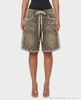 LARIMAR Rhinestone Drawstring Denim Baggy Shorts
