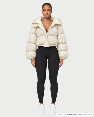 RENYA Sequin Hooded Cropped Zip-Up Puffer Jacket