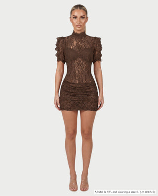 ODETTE Mock Neck Sheer Lace Bodycon Mini Dress