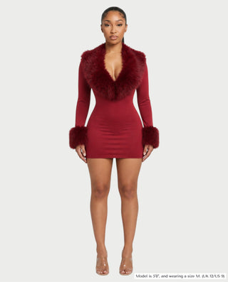 NANIA Faux Fur Trim Long Sleeve Bodycon Mini Dress