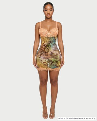 HASINA Leopard Lace Trim Bodycon Mini Dress
