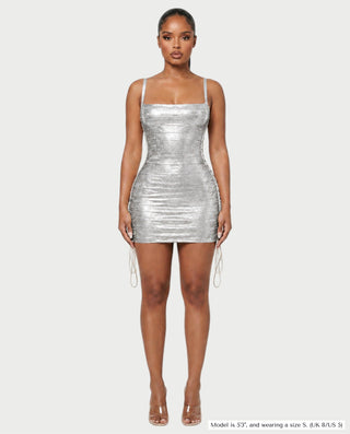ZAKIYA Lace-Up Side Square-Neck Metallic Mini Dress