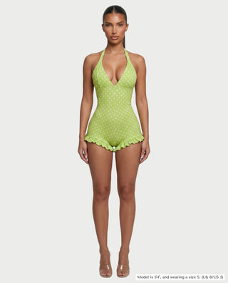 JULES Polka Dot Halter Ruffle Hem Romper