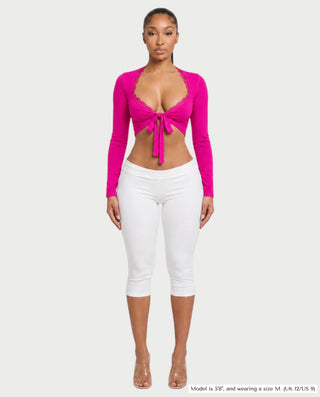 ZEINARA Lace Trim Tie-Front Long Sleeve Crop Top