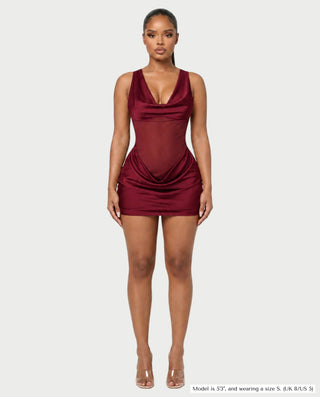 AVIGAIL Cowl Neck Sheer Mesh Draped Satin Mini Dress