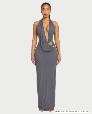 MARYLIN Draped Halter Deep V Side Cutout Maxi Dress