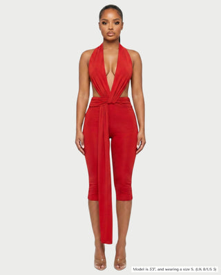 LINNA Plunging Halter Wrap Capri Romper