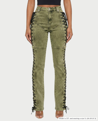 MAEVA Lace-Up Side Detail High-Waist Straight-Leg Pants