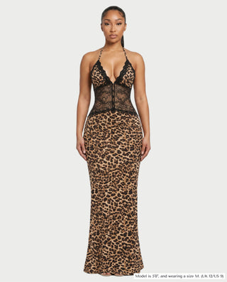 NAVYA Leopard Lace Panel Bodycon Maxi Dress