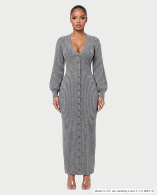 KIVA V-Neck Ribbed Knit Balloon Sleeve Maxi Dress