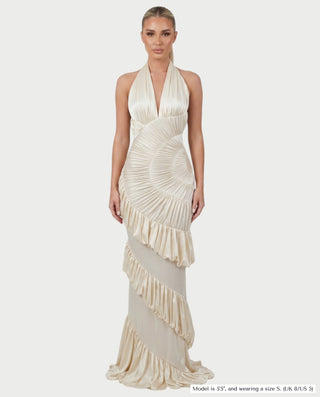 DALEYA Champagne Draped Pleated Ruffle Maxi Dress